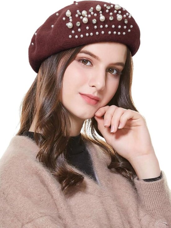 Women\'s Classic French Wool Beret Pearl & Rhinestone Embellishment Hat Coffee main image 6